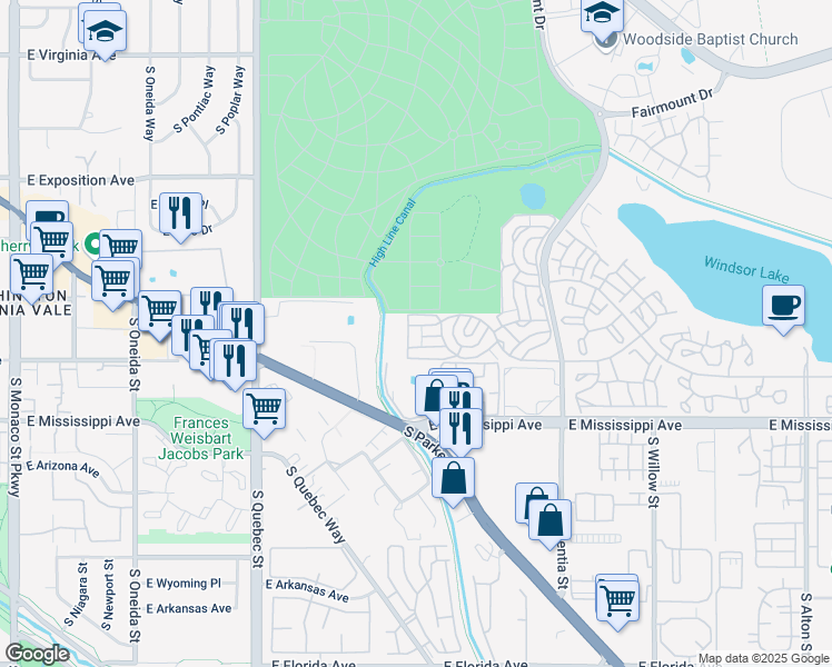 map of restaurants, bars, coffee shops, grocery stores, and more near Harbour Drive in Denver