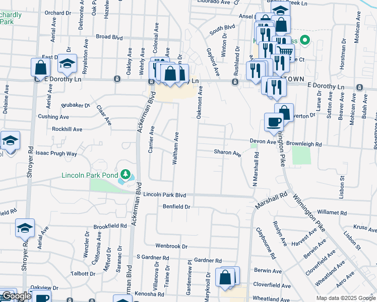 map of restaurants, bars, coffee shops, grocery stores, and more near 3266 Waltham Avenue in Dayton