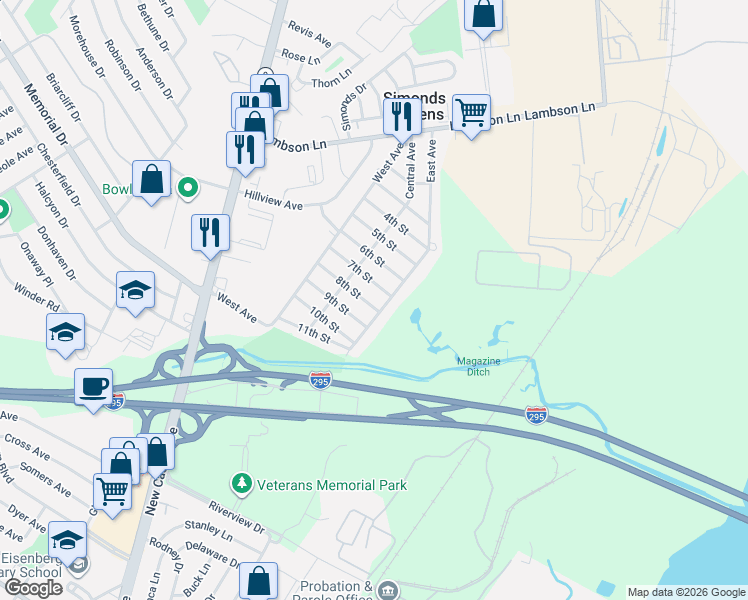map of restaurants, bars, coffee shops, grocery stores, and more near 704 East Avenue in New Castle