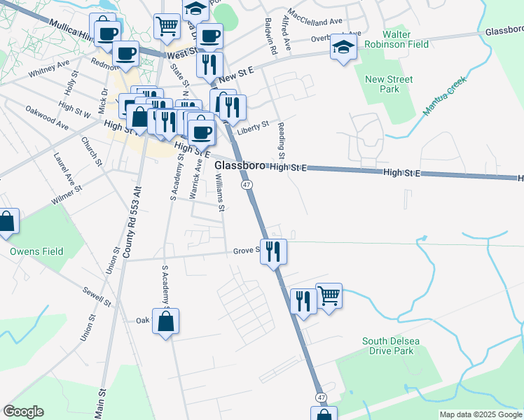 map of restaurants, bars, coffee shops, grocery stores, and more near 36 Delsea Drive South in Glassboro