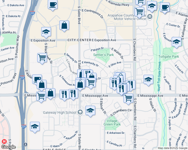 map of restaurants, bars, coffee shops, grocery stores, and more near 14701 East Tennessee Drive in Aurora