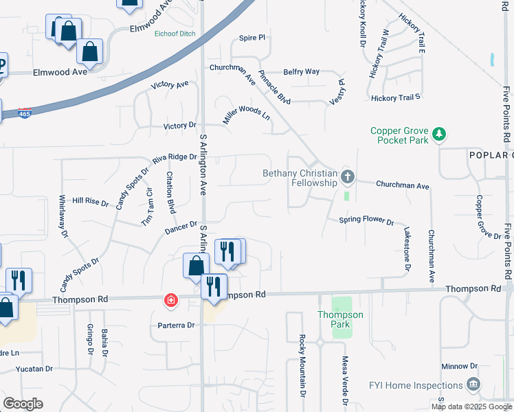 map of restaurants, bars, coffee shops, grocery stores, and more near 6204 Glebe Circle in Indianapolis