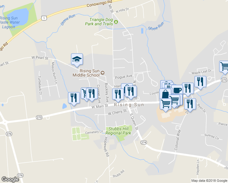 map of restaurants, bars, coffee shops, grocery stores, and more near 29 Mount Street in Rising Sun