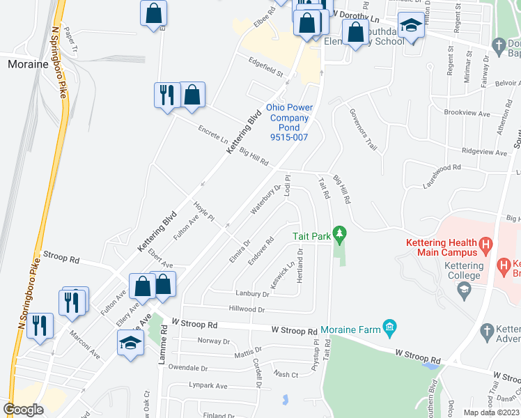 map of restaurants, bars, coffee shops, grocery stores, and more near 3608 Waterbury Drive in Dayton