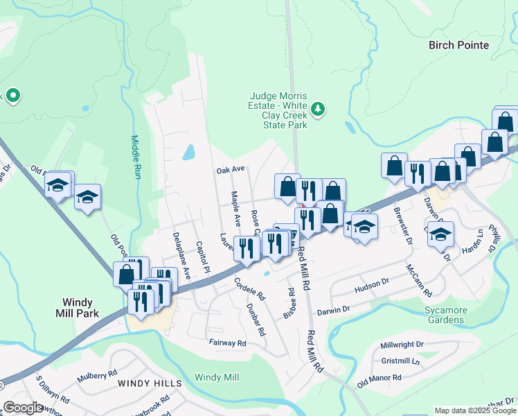 map of restaurants, bars, coffee shops, grocery stores, and more near 25 Rose Circle in Newark