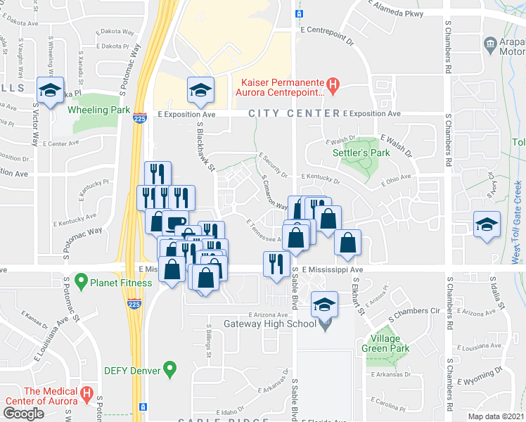 map of restaurants, bars, coffee shops, grocery stores, and more near 14331 East Tennessee Avenue in Aurora