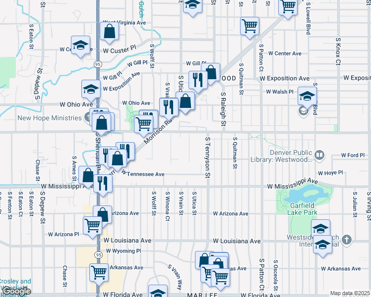 map of restaurants, bars, coffee shops, grocery stores, and more near 956 South Utica Street in Denver