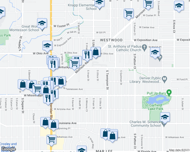 map of restaurants, bars, coffee shops, grocery stores, and more near 952 South Vrain Street in Denver