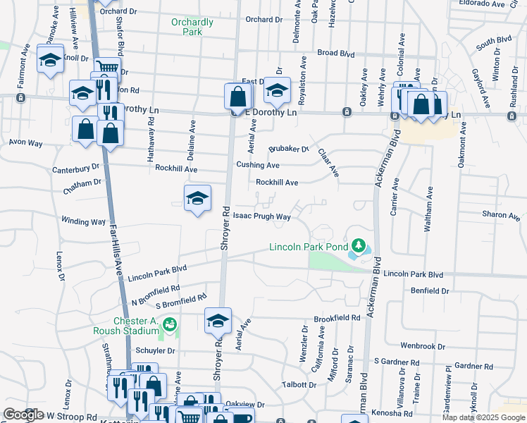 map of restaurants, bars, coffee shops, grocery stores, and more near 578 Cottingwood Court in Dayton