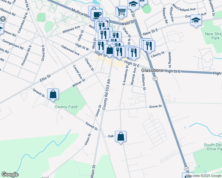 map of restaurants, bars, coffee shops, grocery stores, and more near 126 South Main Street in Glassboro