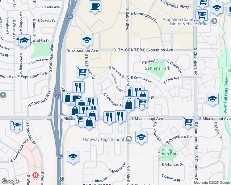 map of restaurants, bars, coffee shops, grocery stores, and more near 14331 East Tennessee Avenue in Aurora