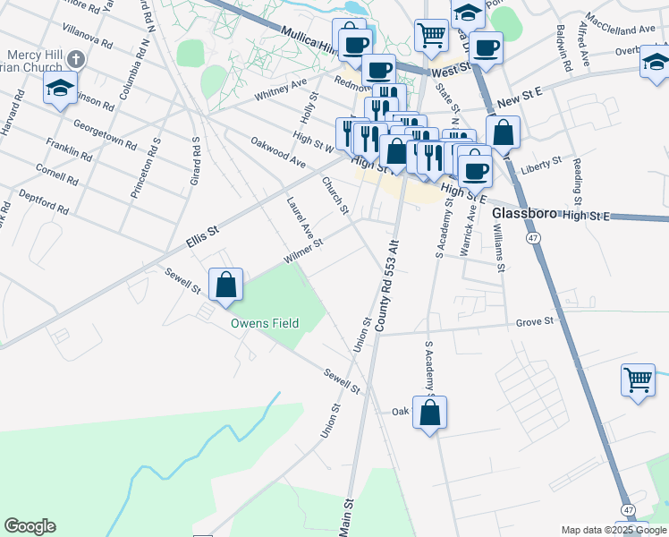 map of restaurants, bars, coffee shops, grocery stores, and more near 30 Zane Street in Glassboro