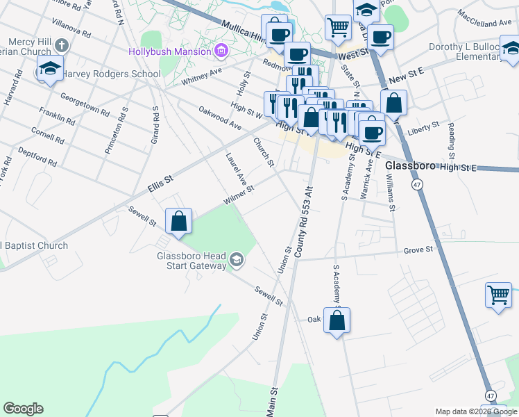 map of restaurants, bars, coffee shops, grocery stores, and more near 30 Zane Street in Glassboro