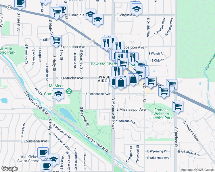 map of restaurants, bars, coffee shops, grocery stores, and more near 960 South Locust Street in Denver