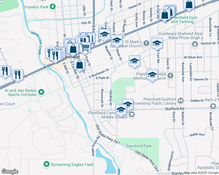 map of restaurants, bars, coffee shops, grocery stores, and more near 510 Harding Street in Plainfield
