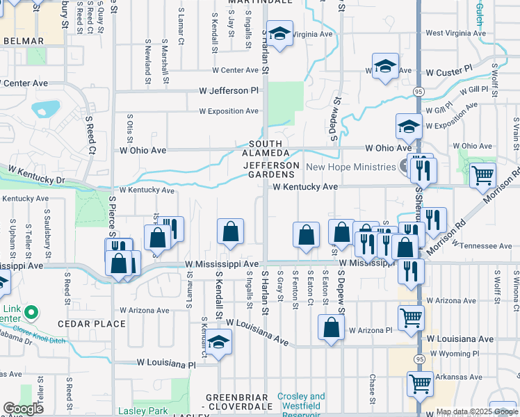 map of restaurants, bars, coffee shops, grocery stores, and more near 982 South Harlan Way in Lakewood