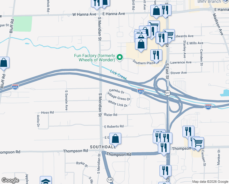 map of restaurants, bars, coffee shops, grocery stores, and more near 51 Village Green Drive in Indianapolis