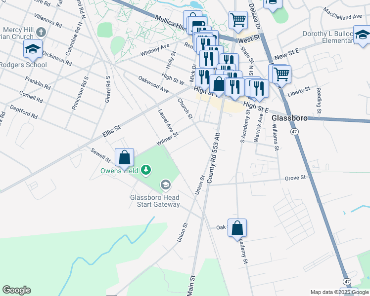 map of restaurants, bars, coffee shops, grocery stores, and more near 26 Zane Street in Glassboro