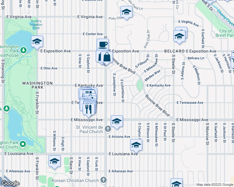 map of restaurants, bars, coffee shops, grocery stores, and more near 966 South Josephine Street in Denver