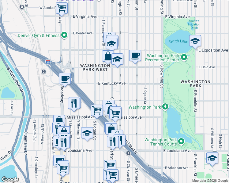 map of restaurants, bars, coffee shops, grocery stores, and more near 948 South Pearl Street in Denver