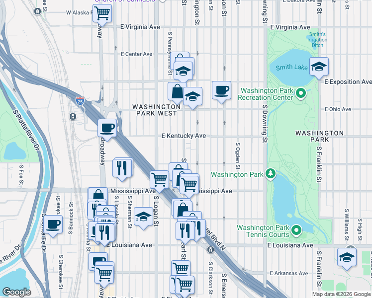 map of restaurants, bars, coffee shops, grocery stores, and more near 948 South Pearl Street in Denver