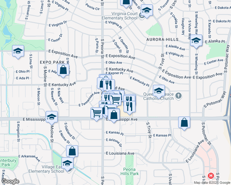 map of restaurants, bars, coffee shops, grocery stores, and more near 12281 East Tennessee Drive in Aurora