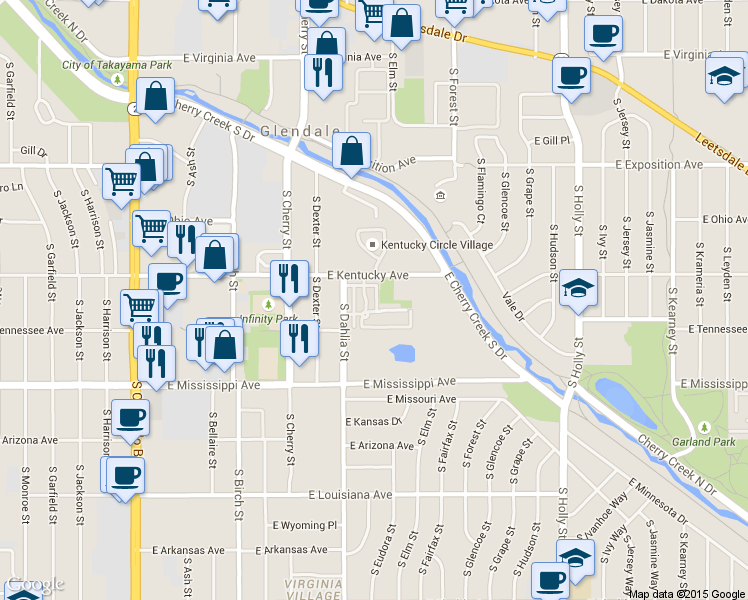 map of restaurants, bars, coffee shops, grocery stores, and more near 4820 East Kentucky Avenue in Denver
