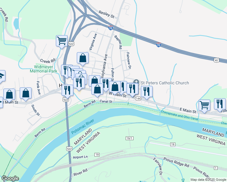 map of restaurants, bars, coffee shops, grocery stores, and more near 53 Maryland 144 in Hancock