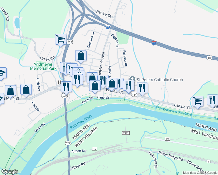 map of restaurants, bars, coffee shops, grocery stores, and more near 53 Maryland 144 in Hancock