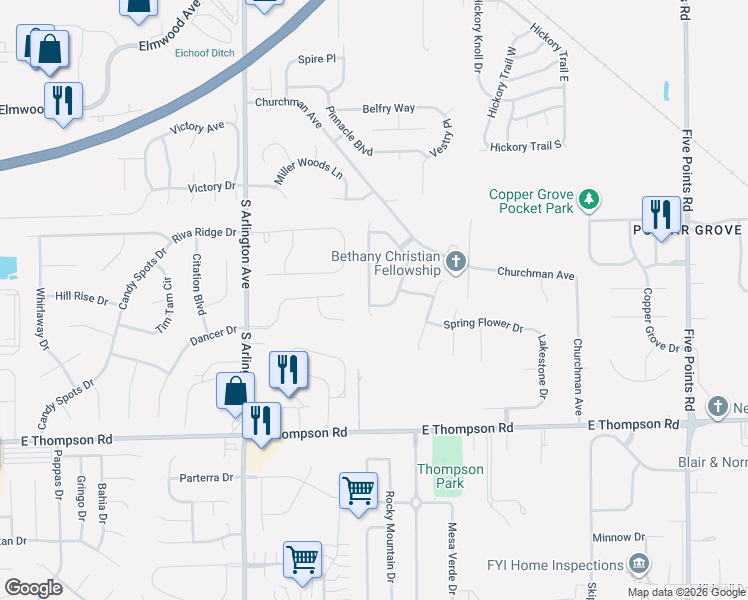 map of restaurants, bars, coffee shops, grocery stores, and more near 4713 Angelica Drive in Indianapolis