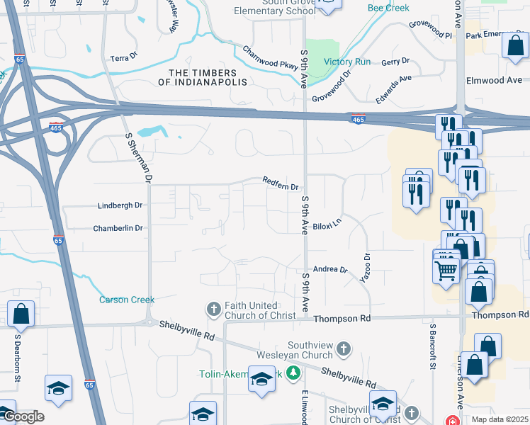 map of restaurants, bars, coffee shops, grocery stores, and more near 4641 Kathi Drive in Indianapolis