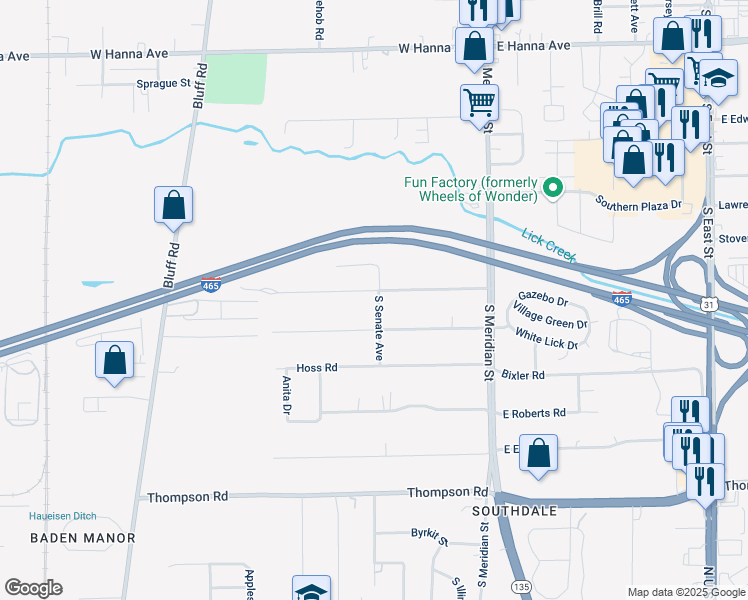 map of restaurants, bars, coffee shops, grocery stores, and more near 160 Maxwell Road in Indianapolis