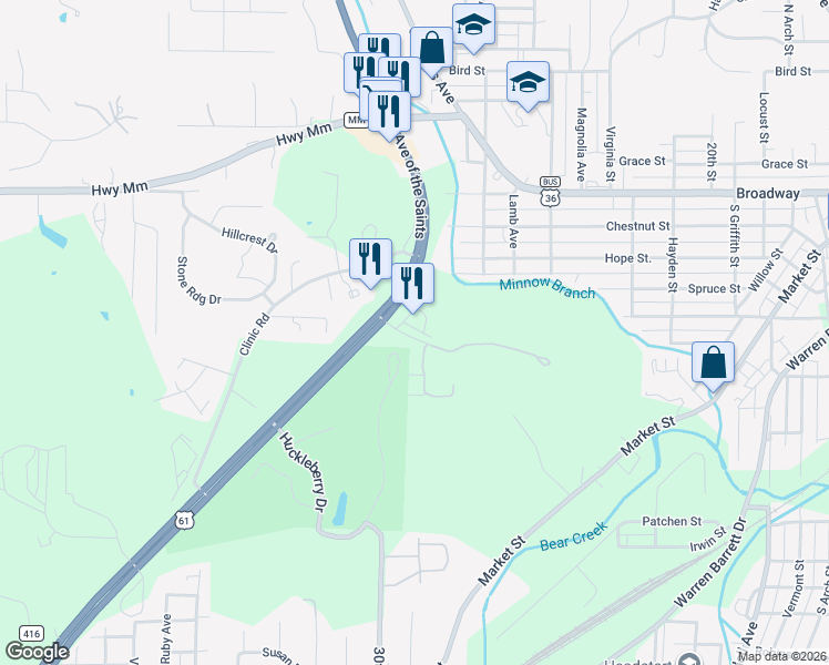 map of restaurants, bars, coffee shops, grocery stores, and more near 191 Huckleberry Heights Drive in Hannibal