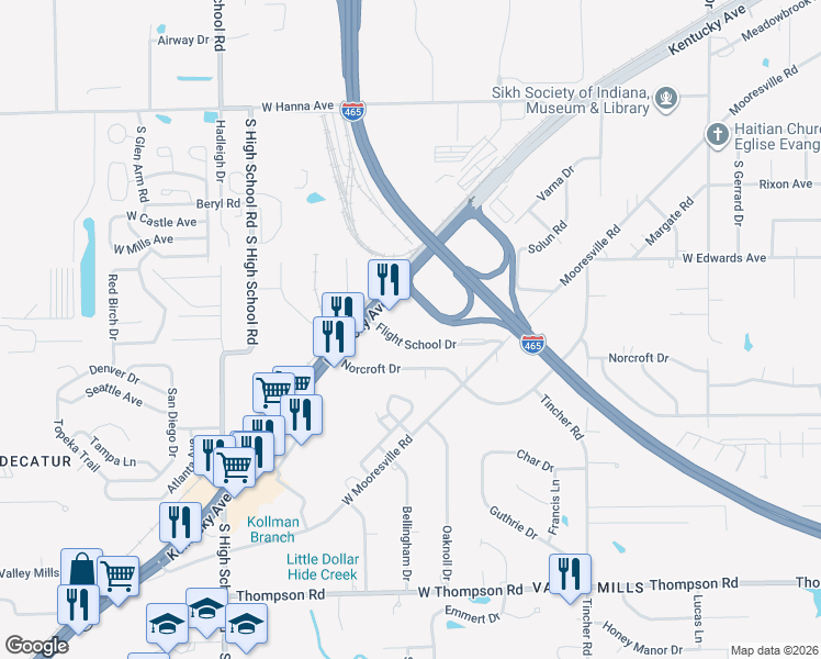 map of restaurants, bars, coffee shops, grocery stores, and more near 5828 Norcroft Drive in Indianapolis