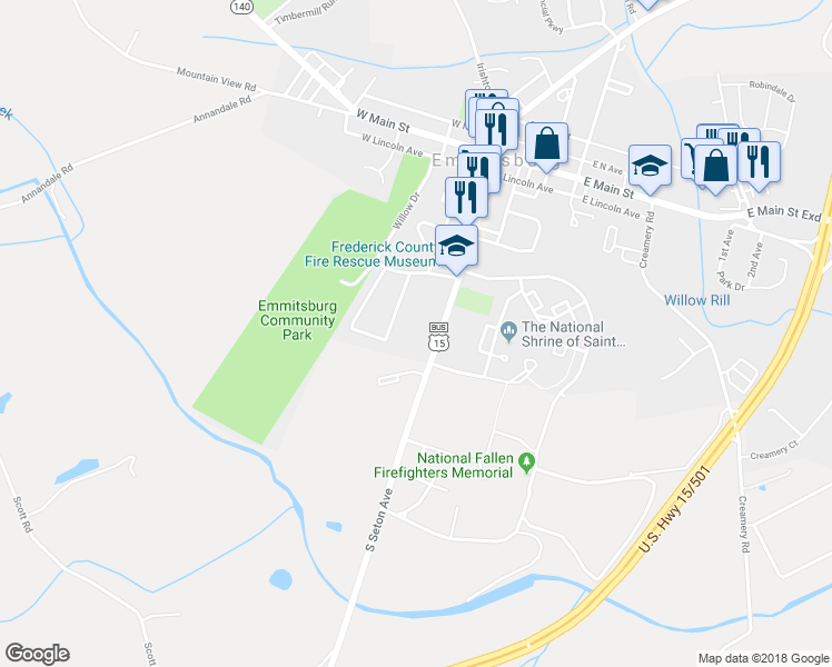 map of restaurants, bars, coffee shops, grocery stores, and more near 318 South Seton Avenue in Emmitsburg