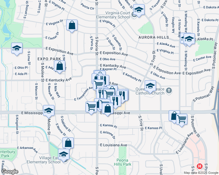map of restaurants, bars, coffee shops, grocery stores, and more near 12281 East Tennessee Drive in Aurora