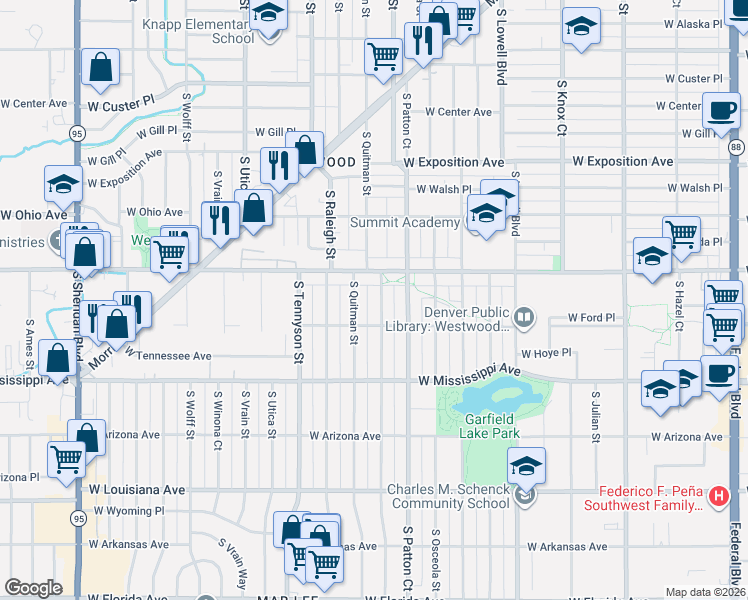 map of restaurants, bars, coffee shops, grocery stores, and more near 949 South Perry Street in Denver