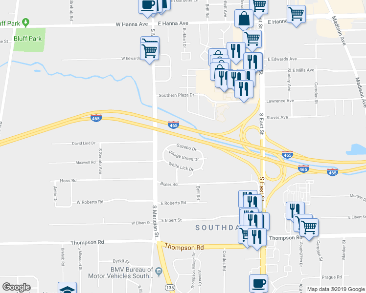 map of restaurants, bars, coffee shops, grocery stores, and more near 129 Gazebo Drive in Indianapolis