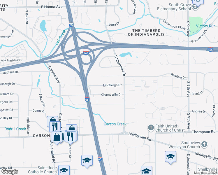 map of restaurants, bars, coffee shops, grocery stores, and more near 3447 Lindbergh Drive in Indianapolis