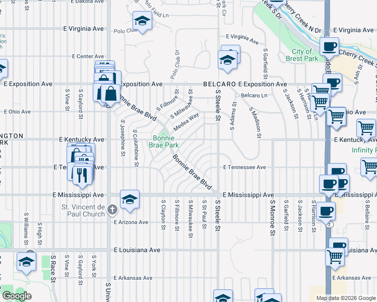 map of restaurants, bars, coffee shops, grocery stores, and more near 965 South Fillmore Way in Denver