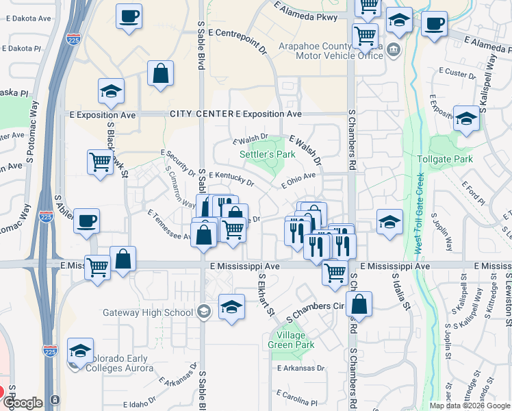 map of restaurants, bars, coffee shops, grocery stores, and more near 14802 East Kentucky Drive in Aurora