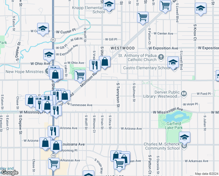 map of restaurants, bars, coffee shops, grocery stores, and more near 934 South Utica Street in Denver