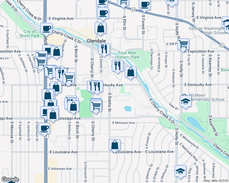 map of restaurants, bars, coffee shops, grocery stores, and more near 4820 East Kentucky Avenue in Denver
