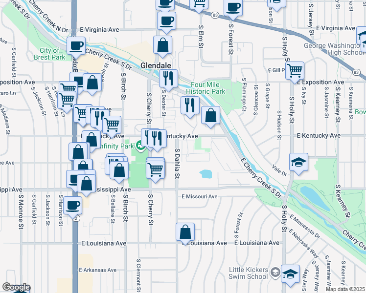 map of restaurants, bars, coffee shops, grocery stores, and more near 4820 East Kentucky Avenue in Denver