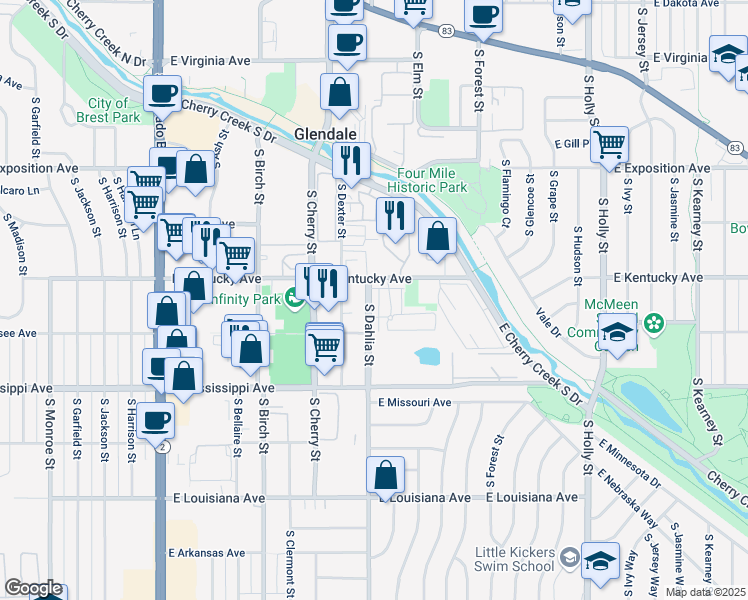 map of restaurants, bars, coffee shops, grocery stores, and more near 4820 East Kentucky Avenue in Denver