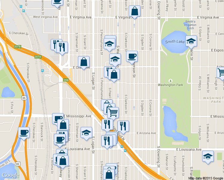 map of restaurants, bars, coffee shops, grocery stores, and more near 969 South Pearl Street in Denver