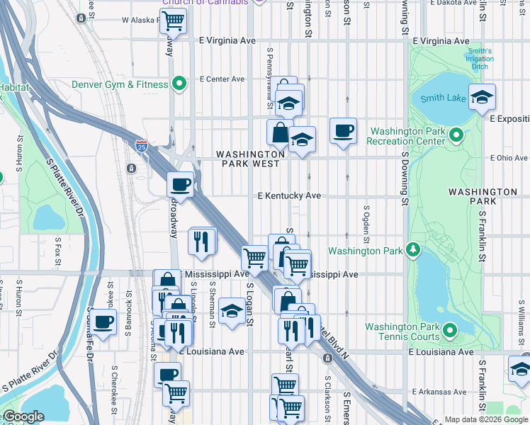 map of restaurants, bars, coffee shops, grocery stores, and more near 965 South Pennsylvania Street in Denver
