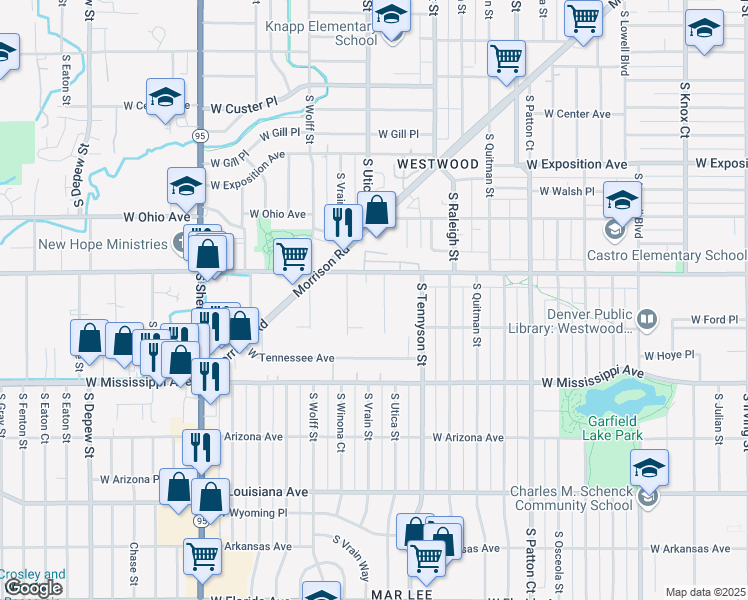 map of restaurants, bars, coffee shops, grocery stores, and more near 952 South Vrain Street in Denver
