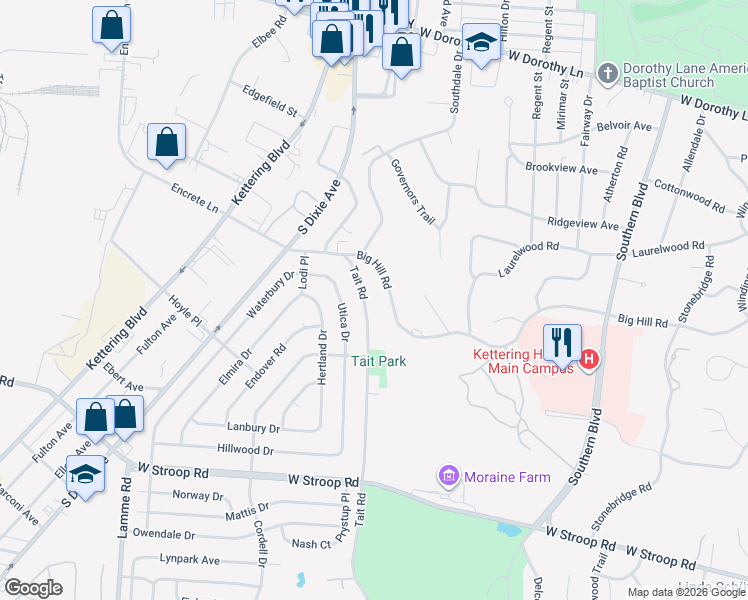 map of restaurants, bars, coffee shops, grocery stores, and more near 3617 Tait Road in Dayton