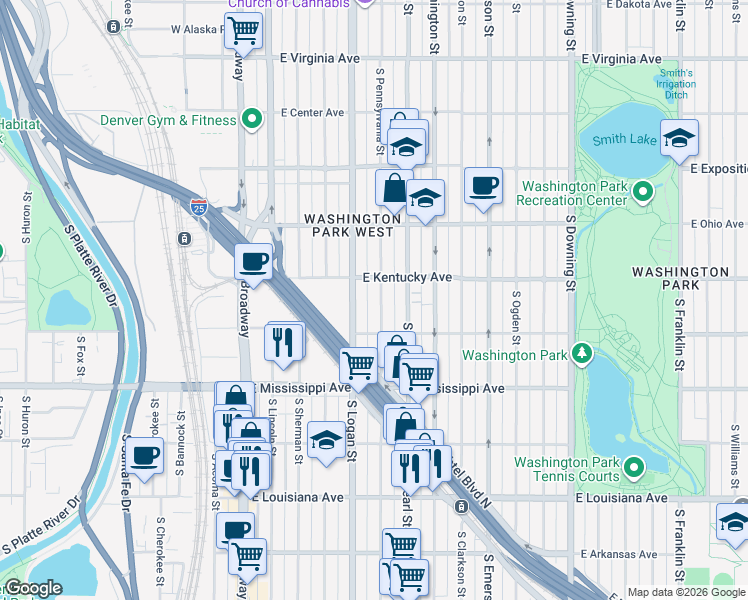map of restaurants, bars, coffee shops, grocery stores, and more near 965 South Pennsylvania Street in Denver